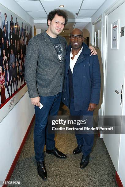 Humorist Magician Eric Antoine and Director and Actor Lucien Jean-Baptiste attend the 'Vivement Dimanche' French TV Show at Pavillon Gabriel on...