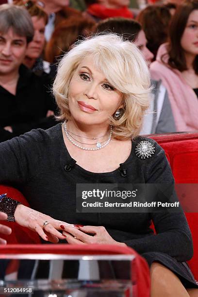 Actress Amanda Lear presents the Theater Play "La Candidate", performed at Theatre de la Michodiere, during the 'Vivement Dimanche' French TV Show at...