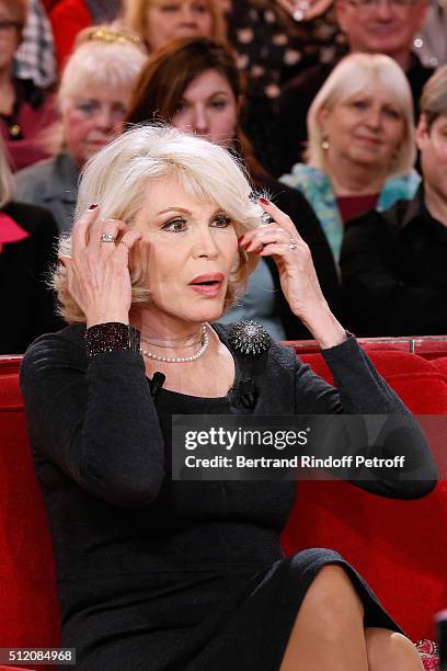 Actress Amanda Lear presents the Theater Play "La Candidate", performed at Theatre de la Michodiere, during the 'Vivement Dimanche' French TV Show at...