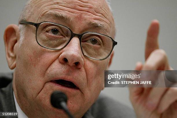 Lee Hamilton, the Vice Chairman of the 9/11 Commission testifies before the US House Committee on Financial Services 23 August 2004 on Capitol Hill...