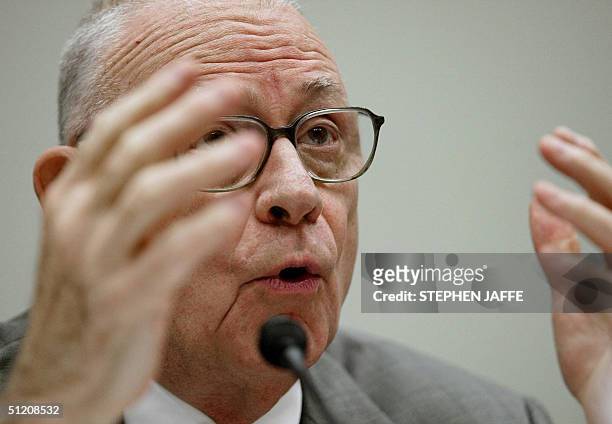Lee Hamilton, the Vice Chairman of the 9/11 Commission testifies before the US House Committee on Financial Services 23 August 2004 on Capitol Hill...
