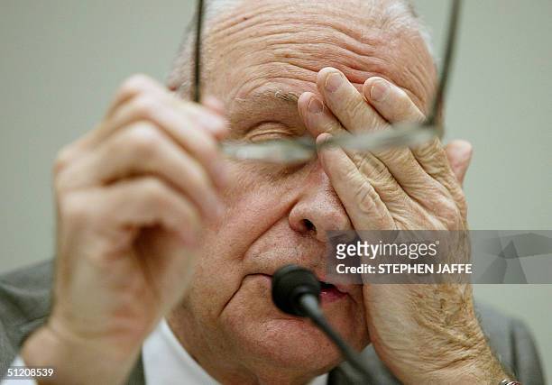Lee Hamilton, the Vice Chairman of the 9/11 Commission testifies before the US House Committee on Financial Services 23 August 2004 on Capitol Hill...