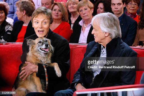Patrick Loiseau, the Dog Chance and Dave present their Book "Ma chienne de vie" during the 'Vivement Dimanche' French TV Show at Pavillon Gabriel on...