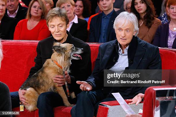 Patrick Loiseau, the Dog Chance and Dave present their Book "Ma chienne de vie" during the 'Vivement Dimanche' French TV Show at Pavillon Gabriel on...