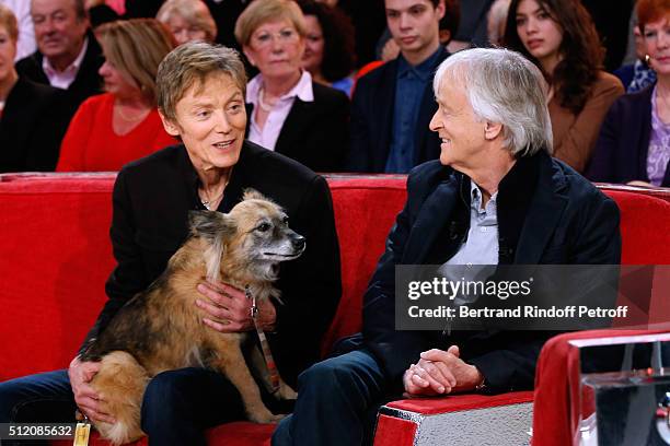 Patrick Loiseau, the Dog Chance and Dave present their Book "Ma chienne de vie" during the 'Vivement Dimanche' French TV Show at Pavillon Gabriel on...