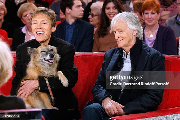 Patrick Loiseau, the Dog Chance and Dave present their Book "Ma chienne de vie" during the 'Vivement Dimanche' French TV Show at Pavillon Gabriel on...