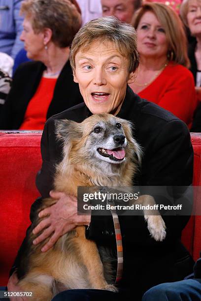 Patrick Loiseau and the Dog Chance present the Book "Ma chienne de vie" during the 'Vivement Dimanche' French TV Show at Pavillon Gabriel on February...