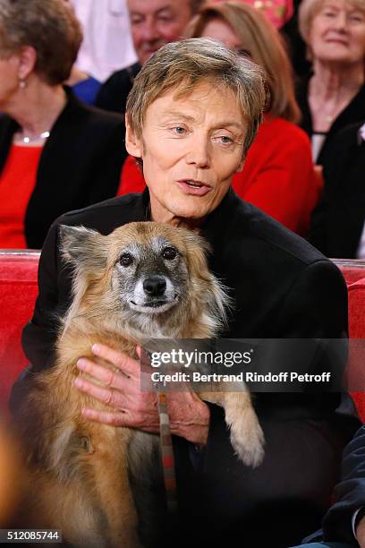 Patrick Loiseau and the Dog Chance present the Book "Ma chienne de vie" during the 'Vivement Dimanche' French TV Show at Pavillon Gabriel on February...