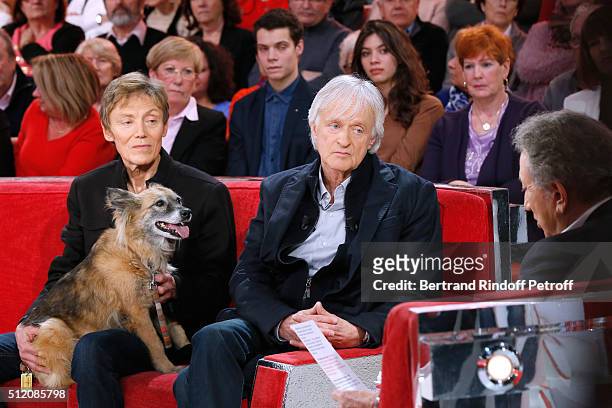 Patrick Loiseau, the Dog Chance, Dave and Presenter of the Show Michel Drucker attend the 'Vivement Dimanche' French TV Show at Pavillon Gabriel on...