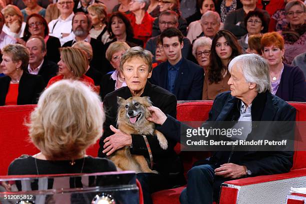 Actress Amanda Lear, Patrick Loiseau, the Dog Chance and Dave attend the 'Vivement Dimanche' French TV Show at Pavillon Gabriel on February 24, 2016...