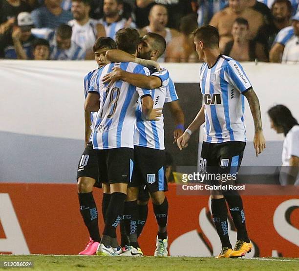 Lisandro Lopez of Racing Club and teammates celebrate their team's first goal during a group stage match between Racing Club and Bolivar as part of...