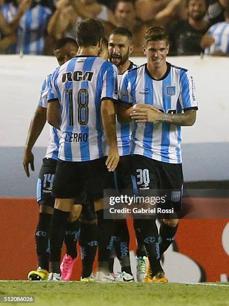 Lisandro Lopez of Racing Club and teammates celebrate their team's first goal during a group stage match between Racing Club and Bolivar as part of...