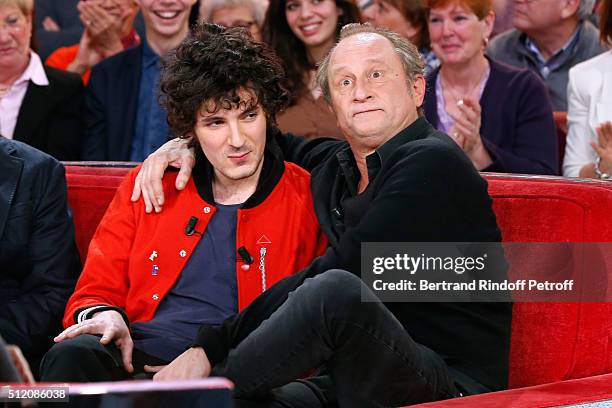 Actors Vincent Lacoste and Benoit Poelvoorde, who makes the show !, present the movie "Saint Amour" during the 'Vivement Dimanche' French TV Show at...