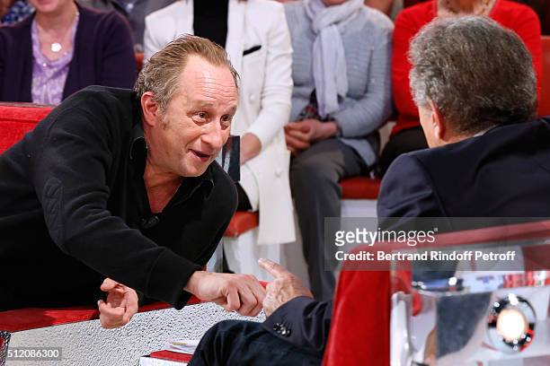 Actor Benoit Poelvoorde, who makes the show !, and Presenter of the show Michel Drucker attend the 'Vivement Dimanche' French TV Show at Pavillon...