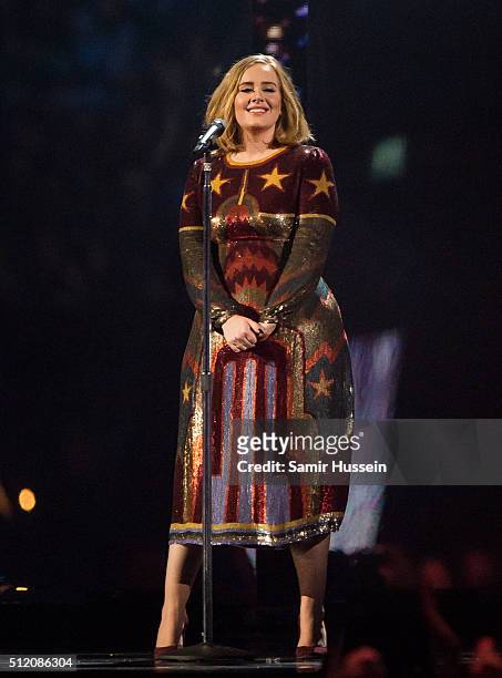 Adele performs at the Brit Awards 2016 at The O2 Arena on February 24, 2016 in London, England.