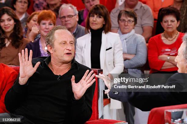 Actor Benoit Poelvoorde, who makes the show !, and Presenter of the show Michel Drucker attend the 'Vivement Dimanche' French TV Show at Pavillon...