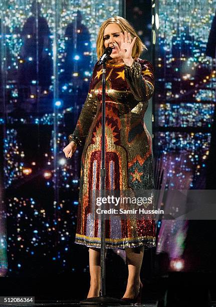 Adele performs at the Brit Awards 2016 at The O2 Arena on February 24, 2016 in London, England.