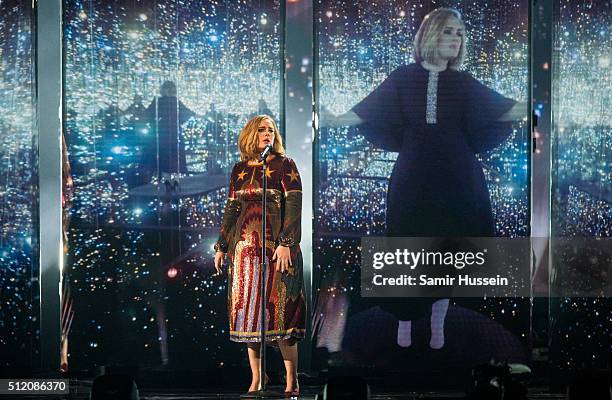 Adele performs at the Brit Awards 2016 at The O2 Arena on February 24, 2016 in London, England.