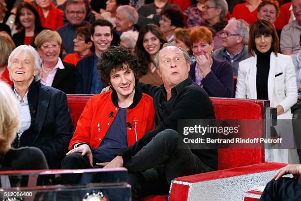 Singer Dave, Actors Vincent Lacoste and Benoit Poelvoorde, who makes the show !, attend the 'Vivement Dimanche' French TV Show at Pavillon Gabriel on...