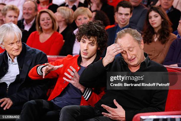 Singer Dave, Actors Vincent Lacoste and Benoit Poelvoorde, who makes the show !, attend the 'Vivement Dimanche' French TV Show at Pavillon Gabriel on...