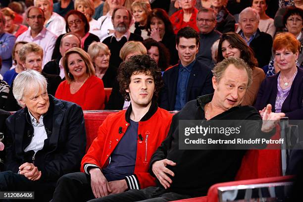 Singer Dave, Actors Vincent Lacoste and Benoit Poelvoorde, who makes the show !, attend the 'Vivement Dimanche' French TV Show at Pavillon Gabriel on...