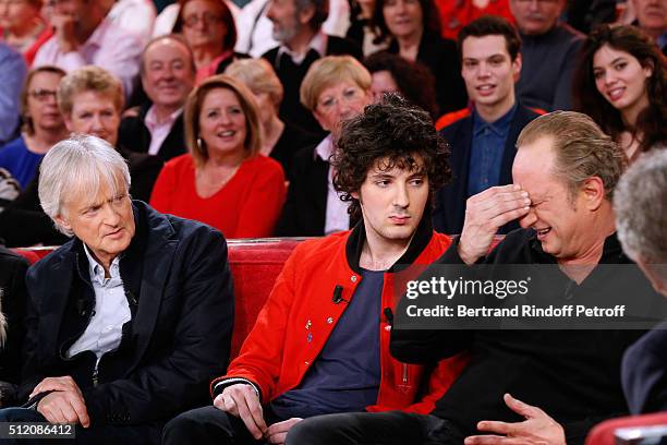 Singer Dave, Actors Vincent Lacoste and Benoit Poelvoorde, who makes the show !, attend the 'Vivement Dimanche' French TV Show at Pavillon Gabriel on...