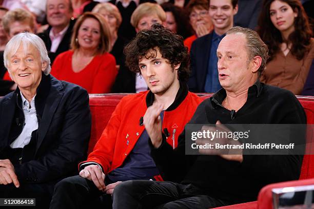 Singer Dave, Actors Vincent Lacoste and Benoit Poelvoorde, who makes the show !, attend the 'Vivement Dimanche' French TV Show at Pavillon Gabriel on...