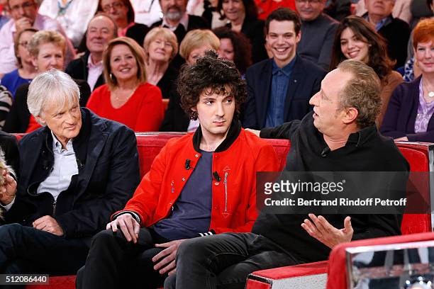 Singer Dave, Actors Vincent Lacoste and Benoit Poelvoorde, who makes the show !, attend the 'Vivement Dimanche' French TV Show at Pavillon Gabriel on...