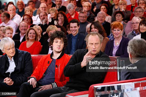 Singer Dave, Actors Vincent Lacoste, Benoit Poelvoorde, who makes the show !, and Presenter of the Show Michel Drucker attend the 'Vivement Dimanche'...