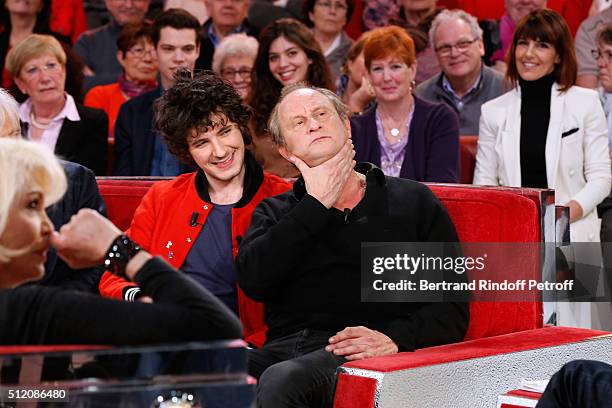 Actress Amanda Lear, Actors Vincent Lacoste and Benoit Poelvoorde, who makes the show !, attend the 'Vivement Dimanche' French TV Show at Pavillon...