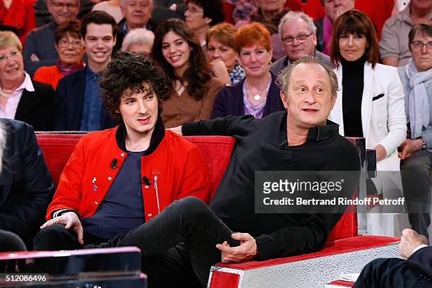 Actors Vincent Lacoste and Benoit Poelvoorde, who makes the show !, present the movie "Saint Amour" during the 'Vivement Dimanche' French TV Show at...