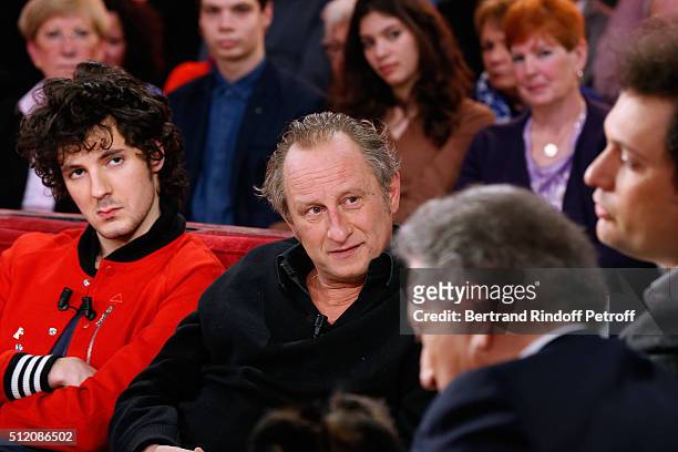 Actors Vincent Lacoste, Benoit Poelvoorde, who makes the show !, Humorist Magician Eric Antoine and Presenter of the show Michel Drucker attend the...