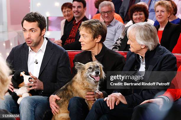 Humorist Ben and his "Dog", Patrick Loiseau, the Dog Chance and Dave attend the 'Vivement Dimanche' French TV Show at Pavillon Gabriel on February...