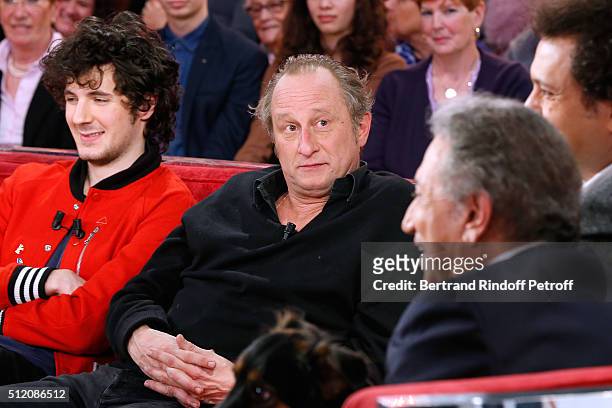Actors Vincent Lacoste, Benoit Poelvoorde, who makes the show !, Humorist Magician Eric Antoine and Presenter of the show Michel Drucker attend the...