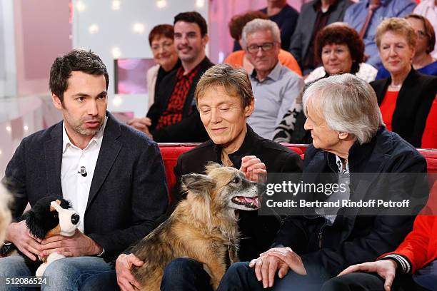 Humorist Ben and his "Dog", Patrick Loiseau, the Dog Chance and Dave attend the 'Vivement Dimanche' French TV Show at Pavillon Gabriel on February...