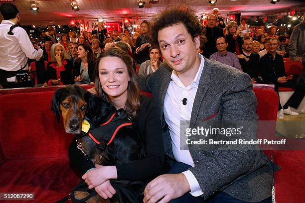 Juliette Roux-Merveille, her Dog and Eric Antoine attend the 'Vivement Dimanche' French TV Show at Pavillon Gabriel on February 24, 2016 in Paris,...