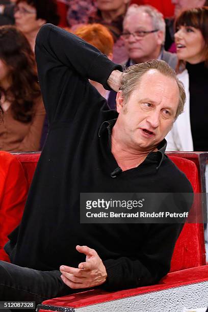 Actor Benoit Poelvoorde, who makes the show !, presents the movie "Saint Amour" during the 'Vivement Dimanche' French TV Show at Pavillon Gabriel on...