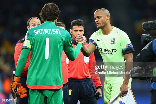 Oleksandr Shovkovskiy the captain of Dynamo Kiev shakes hands with Vincent Kompany the captain of Manchester City before the UEFA Champions League...