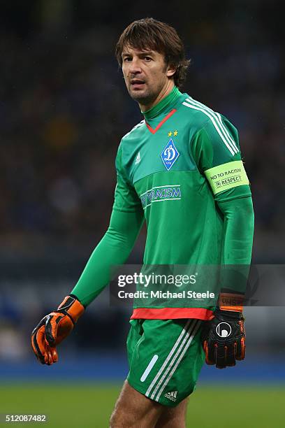 Oleksandr Shovkovskiy of Dynamo Kiev during the UEFA Champions League round of 16 match between Dynamo Kiev and Manchester City at the Olympic...