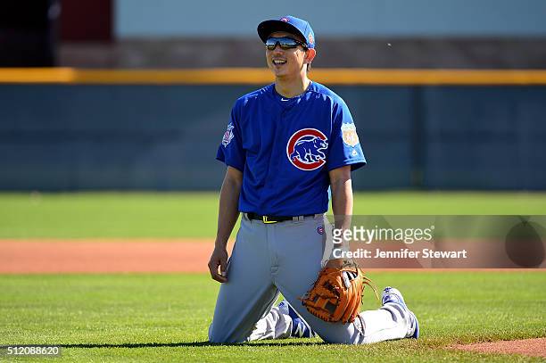 Infielder Munenori Kawasaki of the Chicago Cubs during infield drills at a spring training workout at Sloan Park on February 24, 2016 in Mesa,...