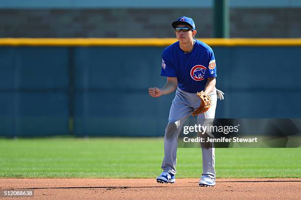 Infielder Munenori Kawasaki of the Chicago Cubs in action during a spring training workout at Sloan Park on February 24, 2016 in Mesa, Arizona.