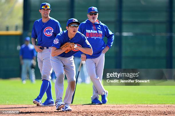 Infielder Munenori Kawasaki of the Chicago Cubs in action during a spring training workout at Sloan Park on February 24, 2016 in Mesa, Arizona.