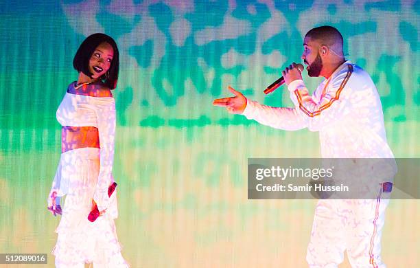 Rihanna perform with Drake at the BRIT Awards 2016 at The O2 Arena on February 24, 2016 in London, England.