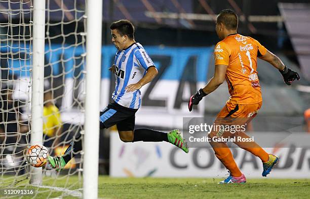 Marcos Acuna of Racing Club kicks the ball to score the fourth goal of his team during a group stage match between Racing Club and Bolivar as part of...