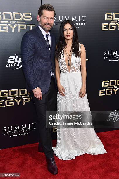 Actors Nikolaj Coster-Waldau and Elodie Yung attend the "Gods Of Egypt" New York Premiere at AMC Loews Lincoln Square 13 on February 24, 2016 in New...