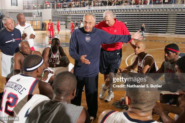 Head coach Larry Brown of the USA Senior National Men's Team talks to his players during the exhibition game against Puerto Rico at University of...