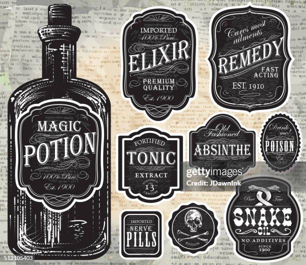 set of assorted old fashioned black and white labels bottles - oil bottle stock illustrations