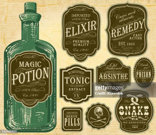 reihe von verschiedenen alten grün und braun label flaschen - potion stock-grafiken, -clipart, -cartoons und -symbole