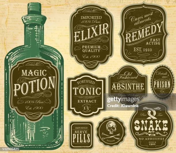 illustrations, cliparts, dessins animés et icônes de ensemble de collection de l'ancienne vert et de brun étiquettes bouteilles - étiquette
