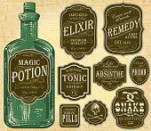 Set of assorted old fashioned green and brown labels bottles